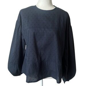 NWT 1 People Navy Blue Strasbourg Textured Balloon Sleeve Cotton Blouse